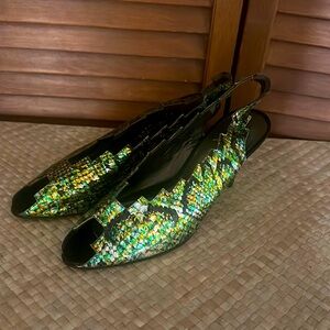 Courreges Paris Green Metallic Leather Slingback Heels